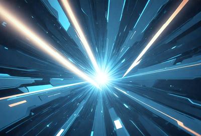 The primary subject of the image is a bright, colorful, and dynamic light effect. The setting is a futuristic environment, possibly a space or a futuristic city. The visual style is a combination of digital art and illustration, creating a vibrant and captivating scene. The colors and mood are predominantly blue and white, with a sense of energy and movement.