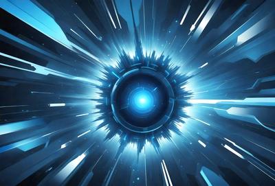 The primary subject of the image is a blue, circular object with a glowing center. The setting is a futuristic environment, possibly a space station or a high-tech facility. The visual style is a combination of digital art and illustration, creating a vibrant and dynamic scene. The colors and mood are predominantly blue and futuristic, with a sense of movement and energy.