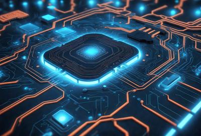 The primary subject of the image is a blue and orange circuit board. The setting is a computer circuit board, and the visual style is digital art. The dominant colors are blue and orange, creating a vibrant and futuristic atmosphere.