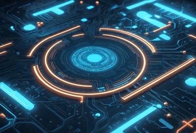 The primary subject of the image is a futuristic, blue and orange circuit board with a lot of intricate details. The setting is a dark background, which contrasts with the bright colors of the circuit board. The visual style is a combination of digital art and illustration, creating a unique and captivating image. The dominant colors are blue and orange, which evoke a sense of technology and innovation.