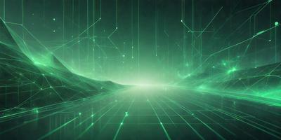 The primary subject of the image is a green, digital art-like scene with a road or pathway. The setting is a futuristic, computer-generated environment, and the visual style is a combination of digital art and illustration. The colors are predominantly green, and the overall atmosphere is one of a futuristic, technological landscape.
