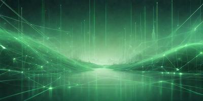 The primary subject of the image is a green, digital artwork of a river with a cityscape in the background. The setting is a futuristic city, and the visual style is a combination of digital art and illustration. The dominant colors are green and blue, creating a serene and calming atmosphere.