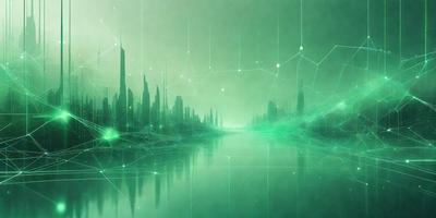 The primary subject of the image is a futuristic cityscape with a large body of water in the foreground. The setting is a green, glowing environment, which adds to the overall atmosphere. The visual style of the image is a combination of digital art and illustration, creating a unique and captivating scene. The colors and mood of the image are predominantly green, with a hint of blue, giving it a serene and calming vibe.
