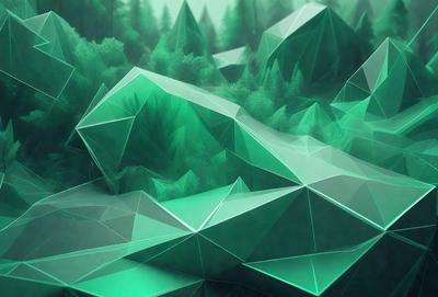 The primary subject of the image is a green mountainous landscape, featuring a series of triangular shapes and green trees. The setting is a lush, green environment with a mountainous backdrop. The visual style is a combination of digital art and illustration, creating a unique and intricate design. The colors and mood of the image are predominantly green, giving it a serene and natural atmosphere.