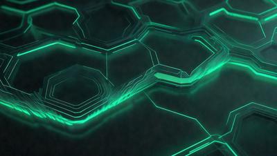 The primary subject of the image is a green, geometric pattern. The setting is a dark background, which contrasts with the bright green pattern. The visual style appears to be a digital art or illustration, as the pattern is intricate and detailed. The colors and mood of the image are predominantly green, creating a calm and soothing atmosphere.
