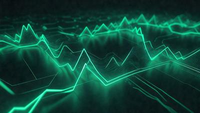 The primary subject of the image is a green wave pattern, which appears to be a digital art or illustration. The setting is a dark background, and the visual style is a combination of digital art and illustration. The dominant colors are green, and the overall atmosphere is a mix of futuristic and modern.
