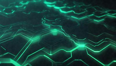 The primary subject of the image is a green, geometric pattern. The setting is a dark background, which contrasts with the bright green pattern. The visual style is a digital art or illustration, as the pattern appears to be a computer-generated design. The colors and mood of the image are predominantly green, creating a calm and soothing atmosphere.