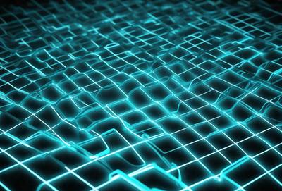 The primary subject of the image is a blue mesh pattern, which is the main object, scene, or focus of the image. The setting or background is a dark blue surface, and the visual style appears to be a digital art or illustration. The dominant colors and overall atmosphere are a combination of blue and black, creating a sense of depth and intricacy in the pattern.