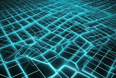 The primary subject of the image is a blue, geometric pattern. The setting is a dark background, which contrasts with the bright blue pattern. The visual style is a digital art or illustration, as the pattern appears to be a digital creation. The colors and mood of the image are predominantly blue, creating a calm and serene atmosphere.