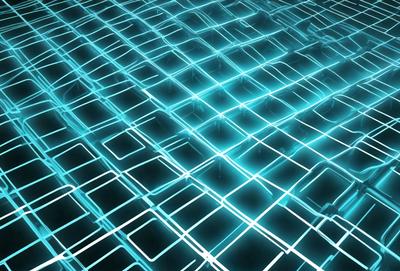 The primary subject of the image is a blue, grid-like pattern. The setting is a dark background, which contrasts with the bright blue pattern. The visual style appears to be a digital art or illustration, as the pattern is intricate and detailed. The colors and mood of the image are predominantly blue, creating a calm and serene atmosphere.