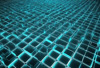 The primary subject of the image is a blue, geometric pattern. The setting is a blue background, and the visual style appears to be a digital art or illustration. The dominant colors are blue and green, creating a calm and soothing atmosphere.
