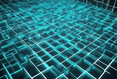 The primary subject of the image is a blue, geometric pattern. The setting is a dark, blue background, which creates a contrast with the pattern. The visual style is a combination of digital art and illustration, giving the image a futuristic and modern appearance. The dominant colors are blue and black, creating a calm and sophisticated atmosphere.