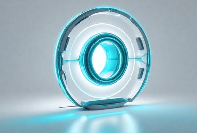 The primary subject of the image is a futuristic, blue, circular object with a hole in the center. The object appears to be a piece of art or a design element, possibly a part of a larger structure or installation. The setting is a white background, which provides a clean and minimalist backdrop for the object. The visual style of the image is digital art, as it is a computer-generated or digitally rendered piece. The dominant colors in the image are blue and white, creating a sense of modernity and soph