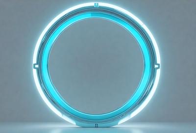 The primary subject of the image is a large, blue, circular object with a glowing, neon-like appearance. The setting is a white background, which contrasts with the blue object and highlights its vibrant colors. The visual style is a combination of digital art and illustration, creating a unique and eye-catching design. The colors and mood of the image are predominantly blue and futuristic, giving the impression of a futuristic or high-tech environment.