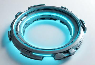 The primary subject of the image is a futuristic, blue, circular object with a glowing, neon-like appearance. The setting is a white background, which provides a clean and minimalist look to the scene. The visual style is a combination of digital art and illustration, creating a unique and captivating image. The colors and mood of the image are predominantly blue and futuristic, evoking a sense of technology and innovation.