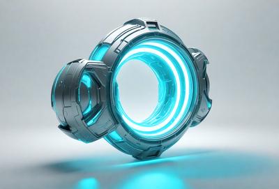 The primary subject of the image is a futuristic, blue, circular object with a hole in the center. The setting is a white background, which provides a clean and minimalistic environment for the object. The visual style appears to be a combination of digital art and illustration, creating a unique and intriguing design. The colors and mood of the image are predominantly blue, which gives it a calm and futuristic atmosphere.