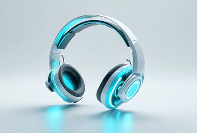 The primary subject of the image is a pair of futuristic, blue and white headphones. The headphones are placed on a white surface, which serves as the setting or background. The visual style of the image is digital art, as it is a 3D rendering of the headphones. The dominant colors in the image are blue and white, giving the headphones a sleek and modern appearance.