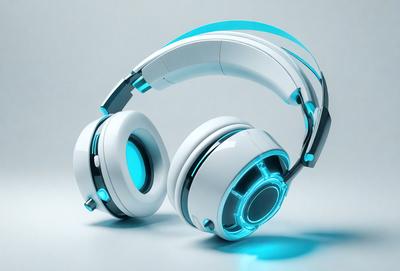 The primary subject of the image is a pair of white headphones with blue accents. The headphones are placed on a white surface, which serves as the setting or background. The visual style of the image is digital art, as it is a 3D rendering of the headphones. The dominant colors in the image are white and blue, creating a clean and modern atmosphere.