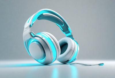 The primary subject of the image is a pair of futuristic, blue and white headphones. The headphones are placed on a white surface, which serves as the setting or background. The visual style of the image is digital art, as it is a 3D rendering of the headphones. The dominant colors in the image are blue and white, creating a sleek and modern appearance.