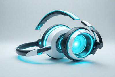 The primary subject of the image is a pair of futuristic-looking headphones with a blue glow. The headphones are placed on a gray surface, which serves as the setting or background. The visual style of the image is digital art, as it appears to be a computer-generated or digitally rendered image. The dominant colors in the image are blue and gray, creating a futuristic and sleek atmosphere.