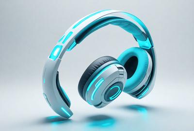 The primary subject of the image is a pair of futuristic, blue and white headphones. The headphones are placed on a white surface, which serves as the setting or background. The visual style of the image is digital art, as it appears to be a 3D rendering of the headphones. The dominant colors in the image are blue and white, creating a sleek and modern appearance. The overall atmosphere of the image is one of innovation and technology.