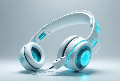 The primary subject of the image is a pair of white headphones with blue accents. The headphones are placed on a white surface, which serves as the setting or background. The visual style of the image is digital art, as it is a 3D rendering of the headphones. The dominant colors in the image are white and blue, creating a clean and modern atmosphere.