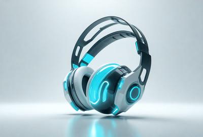 The primary subject of the image is a pair of futuristic, blue and white headphones. The headphones are prominently displayed in the foreground, with a white background behind them. The visual style of the image is digital art, as the headphones are depicted in a 3D, futuristic manner. The colors and mood of the image are predominantly blue and white, giving the headphones a sleek and modern appearance.