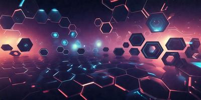 The primary subject of the image is a purple and blue geometric pattern. The setting is a dark room with a purple background, creating a moody atmosphere. The visual style is a combination of digital art and illustration, with the geometric pattern resembling a honeycomb. The dominant colors are purple and blue, which contribute to the overall mood of the image.