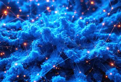 The primary subject of the image is a blue, swirling, and glowing mass of light, which appears to be a digital art or illustration. The setting is a dark blue background, and the visual style is a combination of digital art and a pattern. The colors and mood of the image are predominantly blue, with a sense of depth and movement.