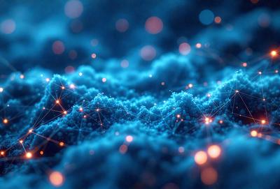 The primary subject of the image is a blue, swirling, and sparkling mass of light, which appears to be a digital art or illustration. The setting is a dark blue background, and the visual style is a combination of digital art and illustration. The colors and mood of the image are predominantly blue, with a sense of depth and movement created by the swirling and sparkling lights.