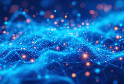 The primary subject of the image is a blue, digital art-like representation of a wave. The setting is a dark blue background, and the visual style is a combination of digital art and illustration. The colors and mood of the image are predominantly blue, creating a calm and serene atmosphere.