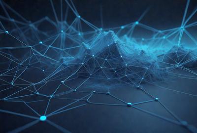 The primary subject of the image is a blue, three-dimensional structure that resembles a mountain. The setting is a dark blue background, which creates a contrasting effect with the structure. The visual style appears to be a digital art or illustration, as the structure is composed of interconnected lines and shapes. The colors and mood of the image are predominantly dark and moody, with the blue hue adding a sense of depth and intrigue to the scene.