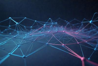 The primary subject of the image is a blue and pink network of interconnected lines, which resembles a computer network or a web. The setting is a dark background, which contrasts with the bright colors of the network. The visual style is a digital art or illustration, as the lines are intricately connected and the colors are vibrant. The overall atmosphere is one of complexity and interconnectedness, as the lines create a dense and intricate pattern.