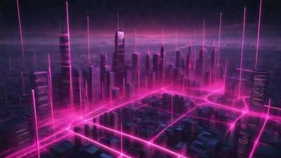The primary subject of the image is a futuristic cityscape with a pink glow. The setting is a city with tall buildings, and the visual style is a combination of photo and digital art. The dominant colors are pink and purple, creating a unique and captivating atmosphere.