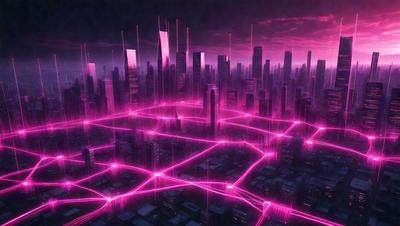 The primary subject of the image is a futuristic cityscape with a pink glow. The setting is a city with tall buildings, and the visual style is a combination of photo and digital art. The colors and mood of the image are predominantly pink, creating a unique and captivating atmosphere.