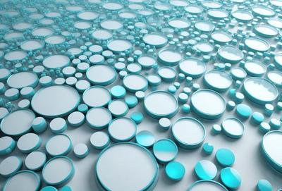 The primary subject of the image is a large number of blue and white circles arranged in a pattern. The setting is a white background, which provides a clean and uncluttered appearance. The visual style is a combination of digital art and illustration, creating a unique and eye-catching design. The dominant colors are blue and white, giving the image a calm and soothing atmosphere.