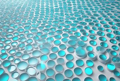 The primary subject of the image is a large number of blue circles arranged in a pattern. The setting is a white background, which provides a clean and uncluttered appearance. The visual style is a combination of digital art and illustration, creating a unique and eye-catching design. The dominant colors are blue and white, giving the image a calm and soothing atmosphere.