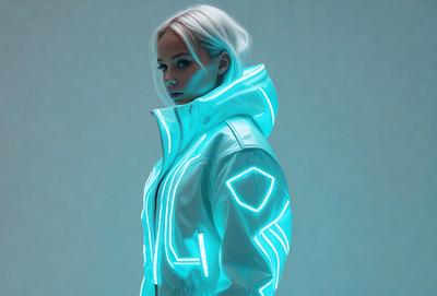 The primary subject of the image is a woman wearing a white jacket with a hood. She is standing in front of a blue background, which creates a contrasting and visually appealing scene. The visual style of the image is a combination of photo and digital art, as it appears to be a photo of a digital artwork. The woman's outfit, along with the blue background, gives the image a futuristic and modern mood.