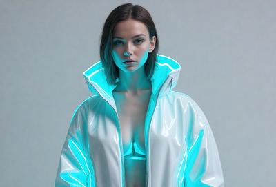 The primary subject of the image is a woman wearing a white jacket with a hood. She is standing in front of a white background, which creates a clean and minimalistic visual style. The woman's outfit is illuminated by a blue light, giving the scene a futuristic and modern atmosphere.