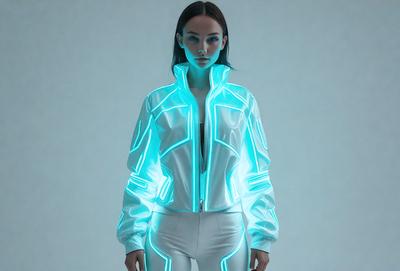 The primary subject of the image is a woman wearing a white jacket with blue neon accents. She is standing in a white room, which serves as the setting for the scene. The visual style of the image is digital art, as it appears to be a computer-generated or digitally manipulated image. The dominant colors in the image are white and blue, creating a clean and modern atmosphere.