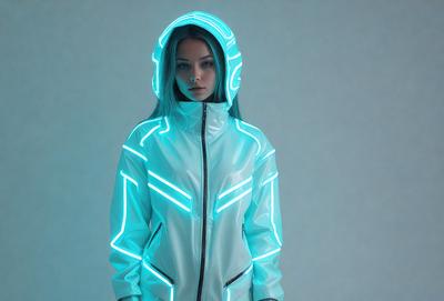 The primary subject of the image is a woman wearing a white jacket with a hood. She is standing in front of a white wall, which serves as the background. The visual style of the image is a combination of photo and digital art, creating a unique and futuristic appearance. The woman's outfit, along with the hood, gives off a neon and glowing vibe, adding a sense of mystery and intrigue to the scene.