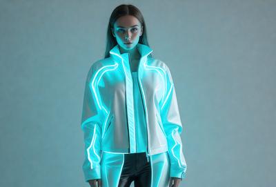 The primary subject of the image is a woman wearing a white jacket with a hood. She is standing in front of a blue background, which creates a contrasting and visually appealing scene. The visual style of the image is a combination of photo and digital art, as it appears to be a photo with a digital artistic touch. The woman's outfit, which includes a hood and a jacket, gives the image a modern and stylish appearance. The overall atmosphere of the image is bright and vibrant