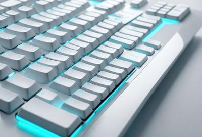 The primary subject of the image is a white computer keyboard with blue lights. The keyboard is placed on a white surface, which serves as the setting or background. The visual style of the image is a close-up of the keyboard, showcasing its details and design. The colors and mood of the image are predominantly white and blue, creating a clean and modern aesthetic.