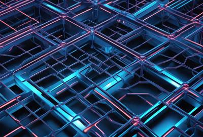 The primary subject of the image is a blue and purple grid pattern. The setting is a blue background, and the visual style appears to be a digital art or illustration. The dominant colors in the image are blue and purple, creating a calm and soothing atmosphere.