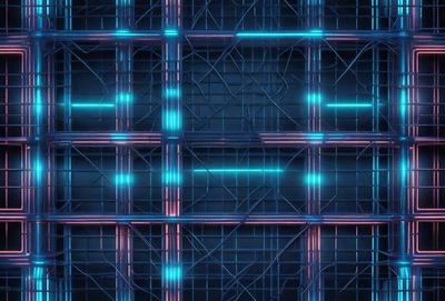 The primary subject of the image is a blue and purple grid pattern. The setting is a dark background, which contrasts with the bright colors of the grid pattern. The visual style appears to be a digital art or illustration, as the grid pattern is intricately detailed and the colors are vibrant. The overall atmosphere of the image is energetic and dynamic, with the blue and purple hues evoking a sense of movement and flow.