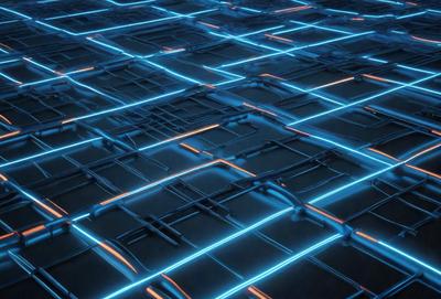 The primary subject of the image is a blue and orange patterned surface, which appears to be a futuristic or abstract design. The setting is a dark background, which contrasts with the bright colors of the pattern. The visual style of the image is a combination of digital art and illustration, creating a unique and eye-catching design. The dominant colors in the image are blue and orange, which evoke a sense of energy and creativity.