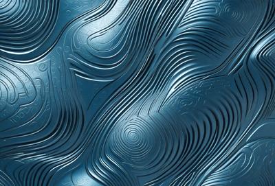The primary subject of the image is a blue, wavy, and curved surface, which appears to be a piece of art or a decorative element. The setting is a blue background, and the visual style is a combination of photo and digital art. The colors and mood of the image are predominantly blue, creating a calm and serene atmosphere.