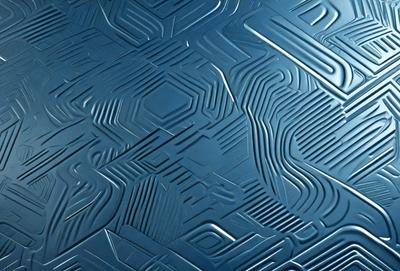 The primary subject of the image is a blue, metallic surface with a pattern of interlocking shapes. The setting is a blue background, and the visual style appears to be a combination of digital art and illustration. The dominant colors are blue and silver, creating a modern and sleek atmosphere.