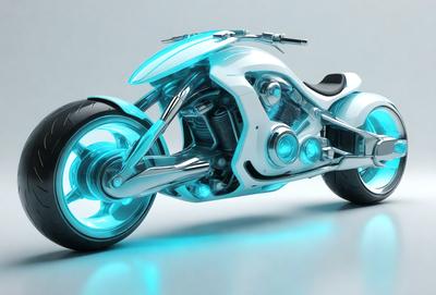 The primary subject of the image is a futuristic motorcycle with a blue and white color scheme. The motorcycle is prominently displayed in the foreground, occupying a significant portion of the image. The setting appears to be a white background, which provides a clean and minimalist look to the scene. The visual style of the image is digital art, as it showcases a highly detailed and intricate design. The colors and mood of the image are predominantly blue and white, giving it a sleek and modern appearance
