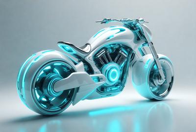 The primary subject of the image is a futuristic motorcycle with blue and white colors. The motorcycle is prominently displayed in the foreground, and the setting appears to be a white background. The visual style of the image is digital art, as it is a computer-generated or digitally rendered image. The colors and mood of the image are futuristic and sleek, with the blue and white colors creating a sense of modernity and sophistication.